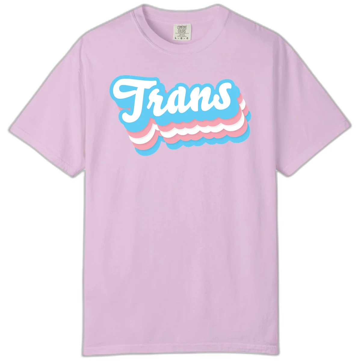 Trans pride cloud layers design with white 'Trans' text on alternating blue, pink, and white scalloped cloud shapes in Orchid
