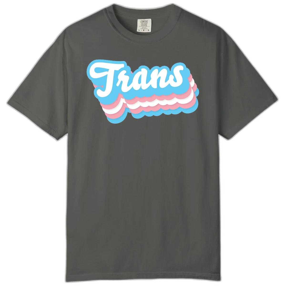 Trans pride cloud layers design with white 'Trans' text on alternating blue, pink, and white scalloped cloud shapes in Pepper