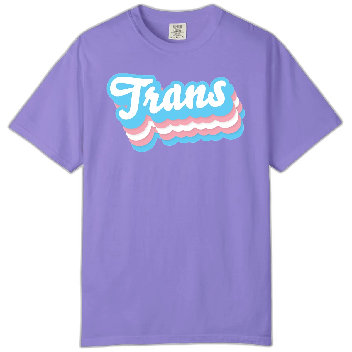 Trans pride cloud layers design with white 'Trans' text on alternating blue, pink, and white scalloped cloud shapes in Violet