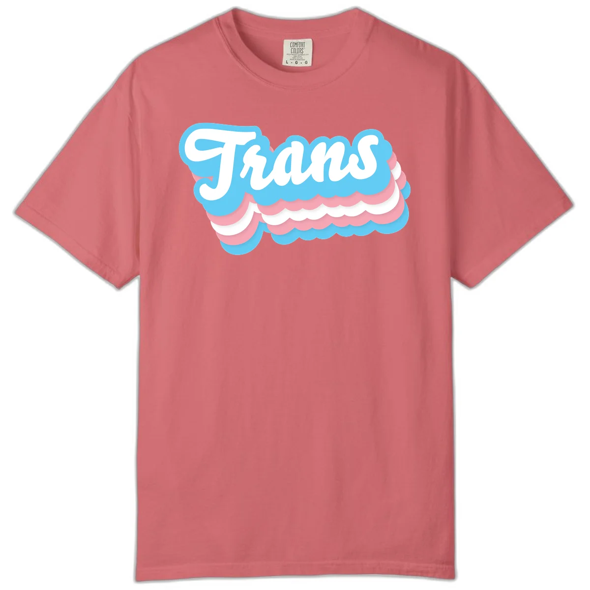 Trans pride cloud layers design with white 'Trans' text on alternating blue, pink, and white scalloped cloud shapes in Watermelon