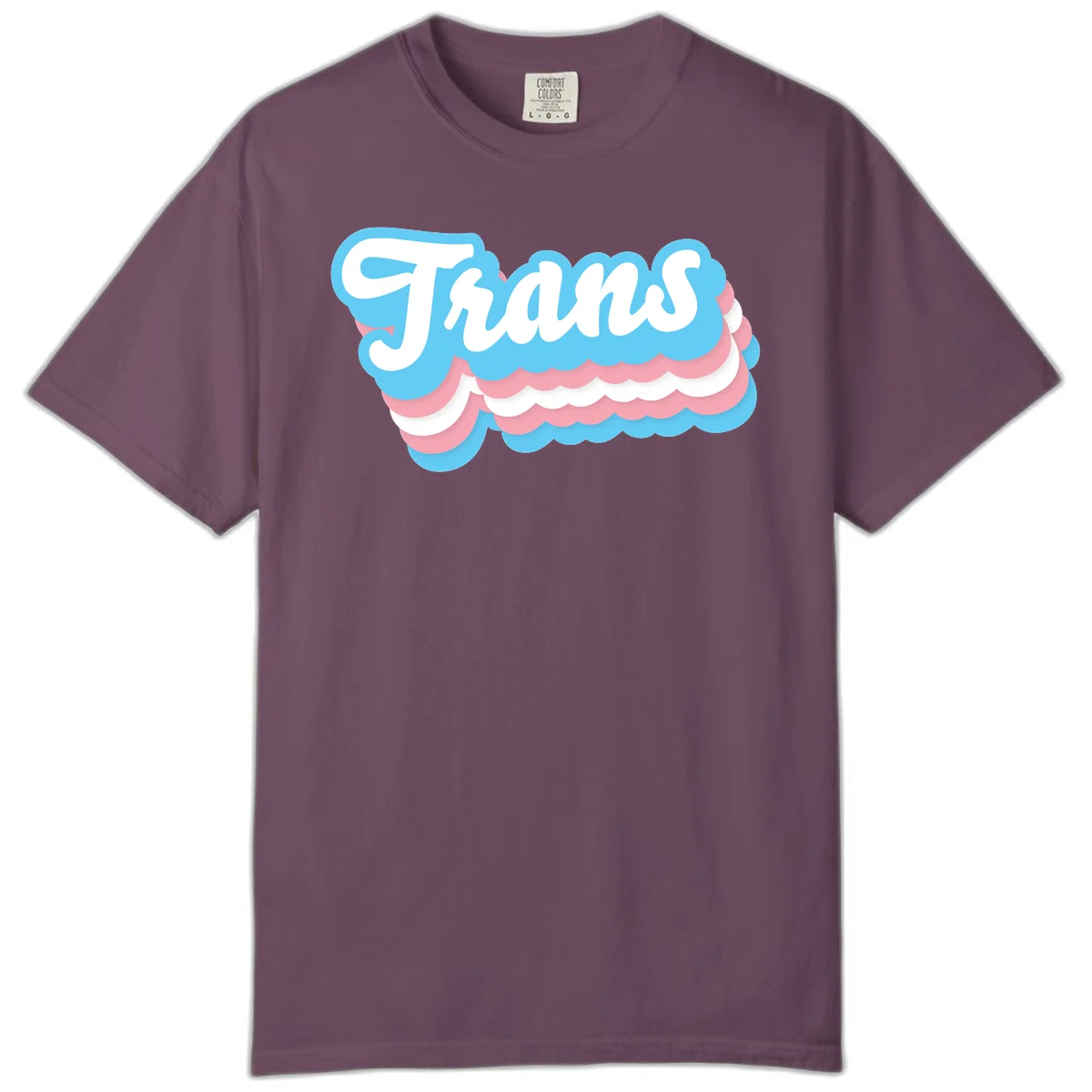 Trans pride cloud layers design with white 'Trans' text on alternating blue, pink, and white scalloped cloud shapes in Berry