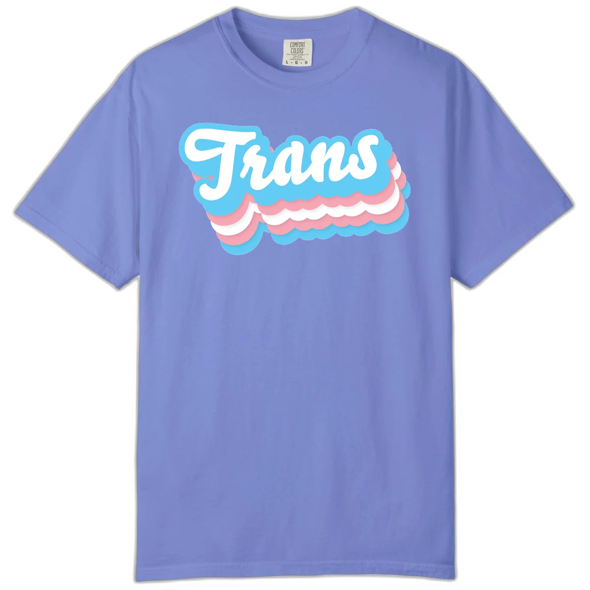 Trans pride cloud layers design with white 'Trans' text on alternating blue, pink, and white scalloped cloud shapes in Flo Blue