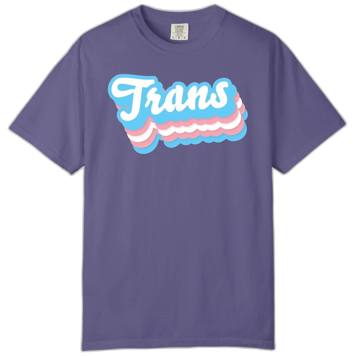 Trans pride cloud layers design with white 'Trans' text on alternating blue, pink, and white scalloped cloud shapes in Grape