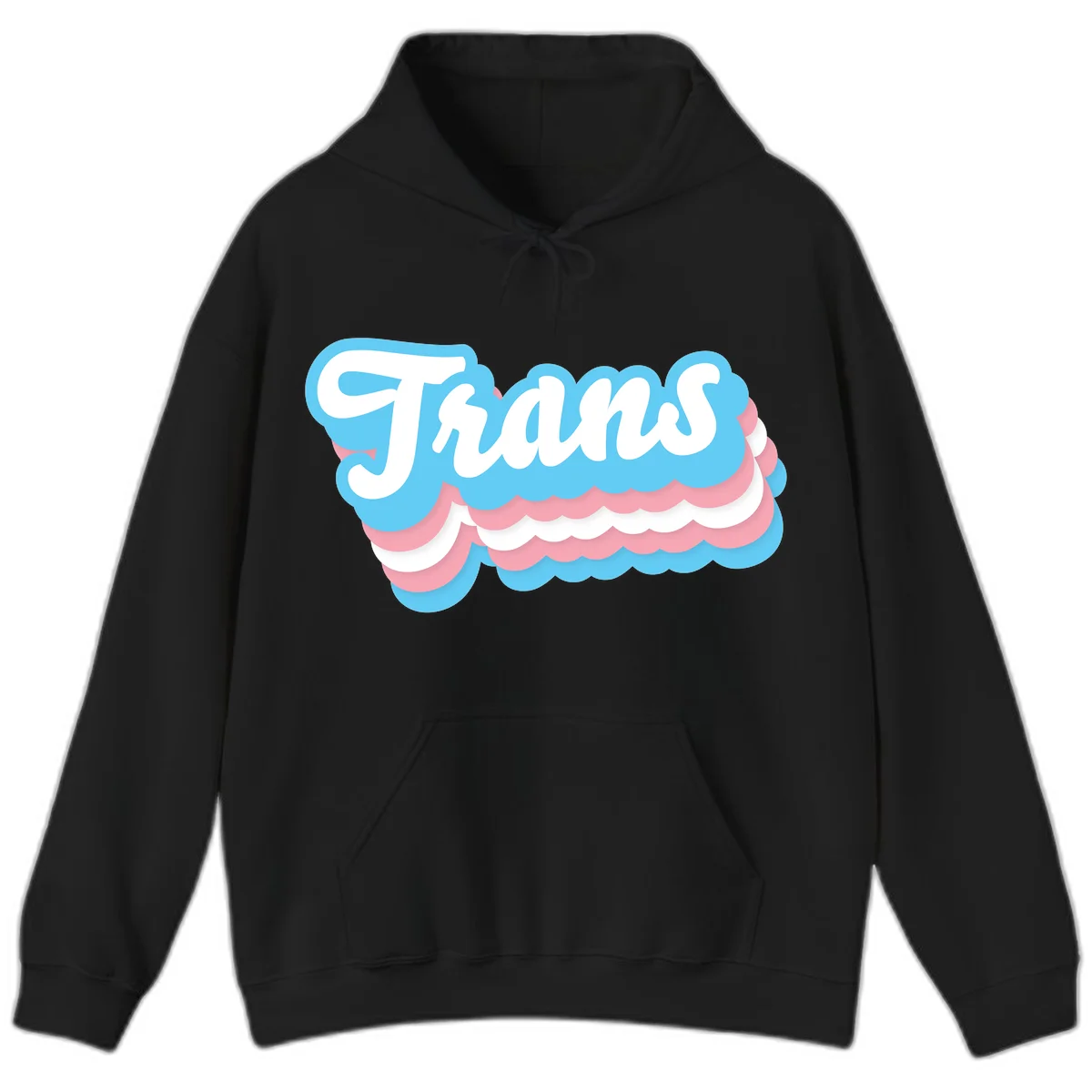 Trans pride cloud layers design with white 'Trans' text on alternating blue, pink, and white scalloped cloud shapes in Black