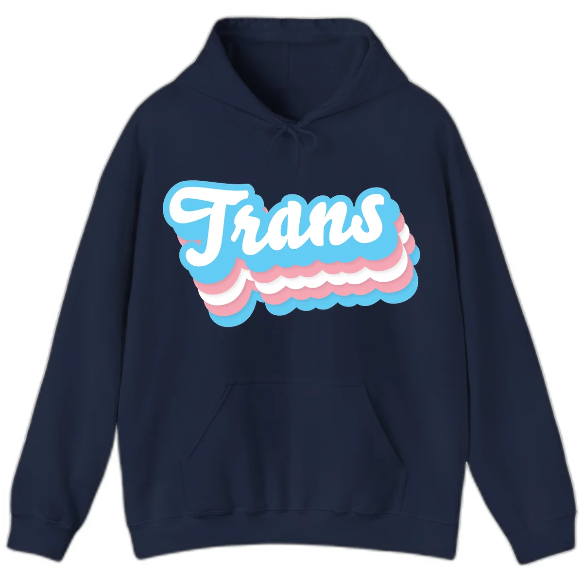Trans pride cloud layers design with white 'Trans' text on alternating blue, pink, and white scalloped cloud shapes in Navy
