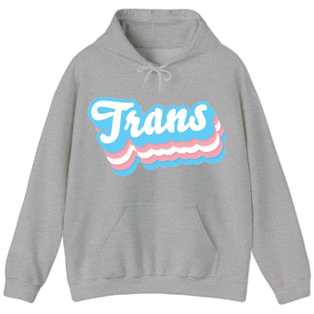 Trans pride cloud layers design with white 'Trans' text on alternating blue, pink, and white scalloped cloud shapes in Sport Grey