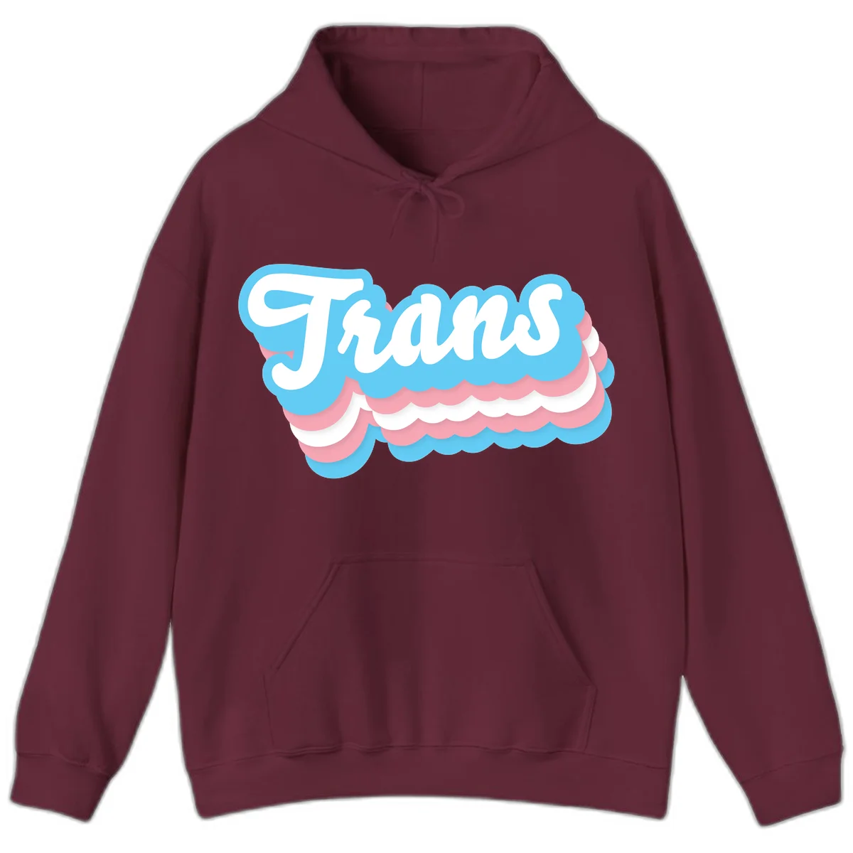 Trans pride cloud layers design with white 'Trans' text on alternating blue, pink, and white scalloped cloud shapes in Maroon