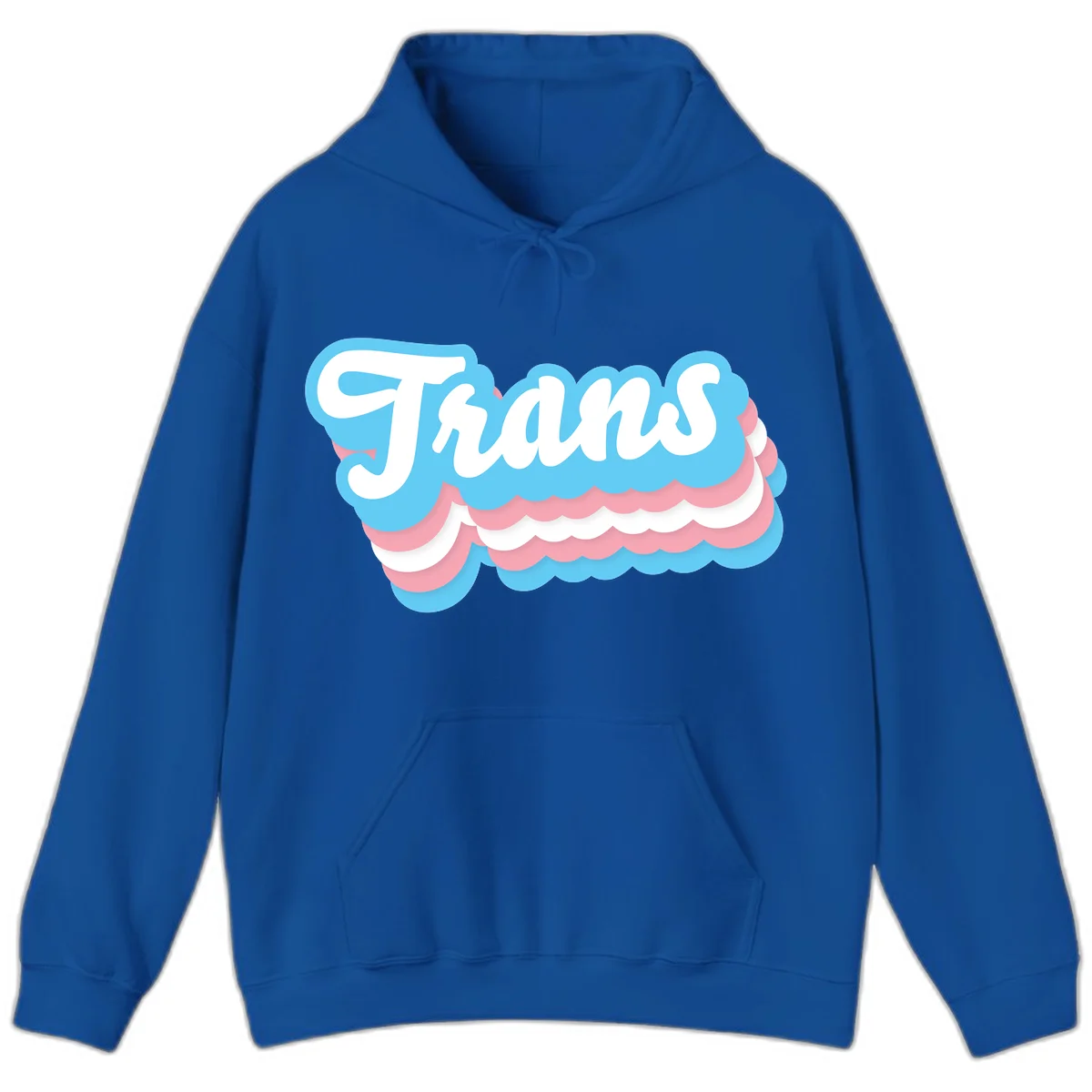 Trans pride cloud layers design with white 'Trans' text on alternating blue, pink, and white scalloped cloud shapes in Royal