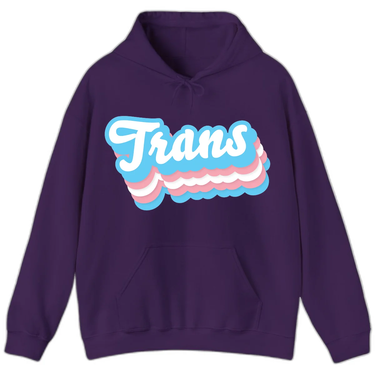 Trans pride cloud layers design with white 'Trans' text on alternating blue, pink, and white scalloped cloud shapes in Purple