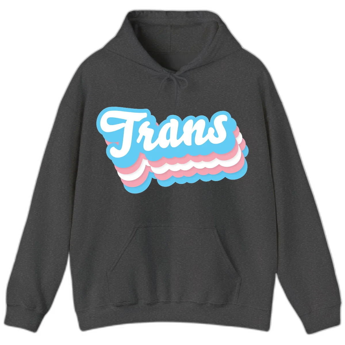 Trans pride cloud layers design with white 'Trans' text on alternating blue, pink, and white scalloped cloud shapes in Dark Heather