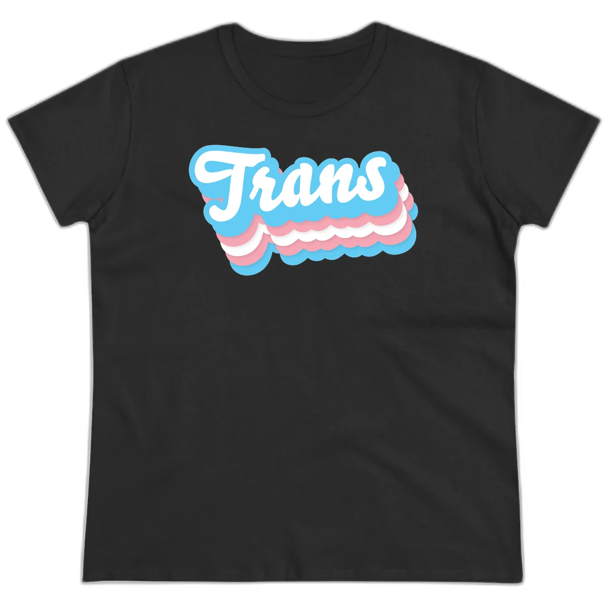 Trans pride cloud layers design with white 'Trans' text on alternating blue, pink, and white scalloped cloud shapes in Black
