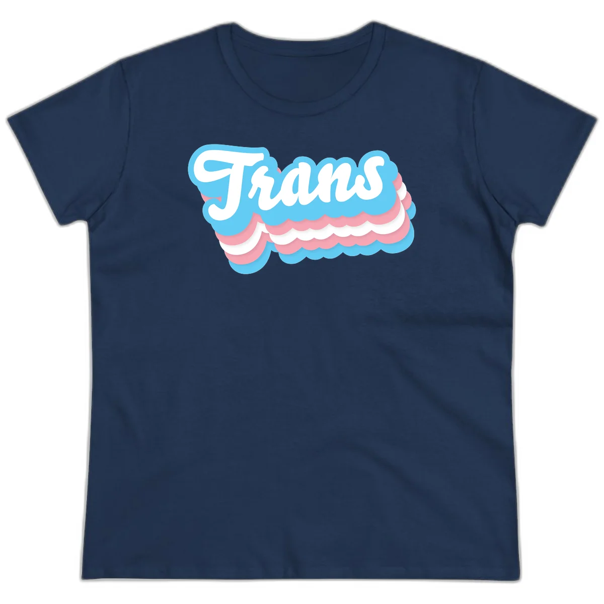 Trans pride cloud layers design with white 'Trans' text on alternating blue, pink, and white scalloped cloud shapes in Navy