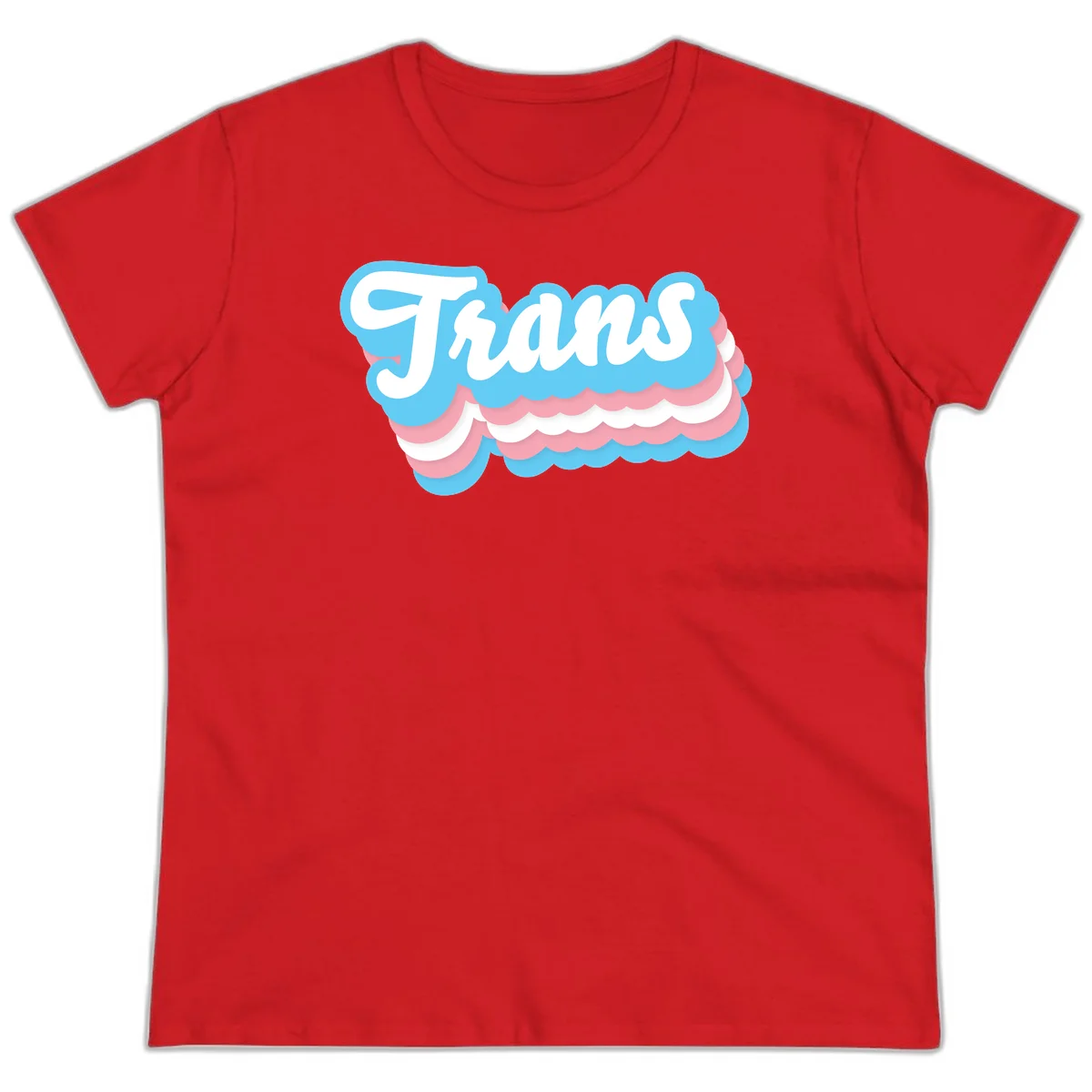 Trans pride cloud layers design with white 'Trans' text on alternating blue, pink, and white scalloped cloud shapes in Red