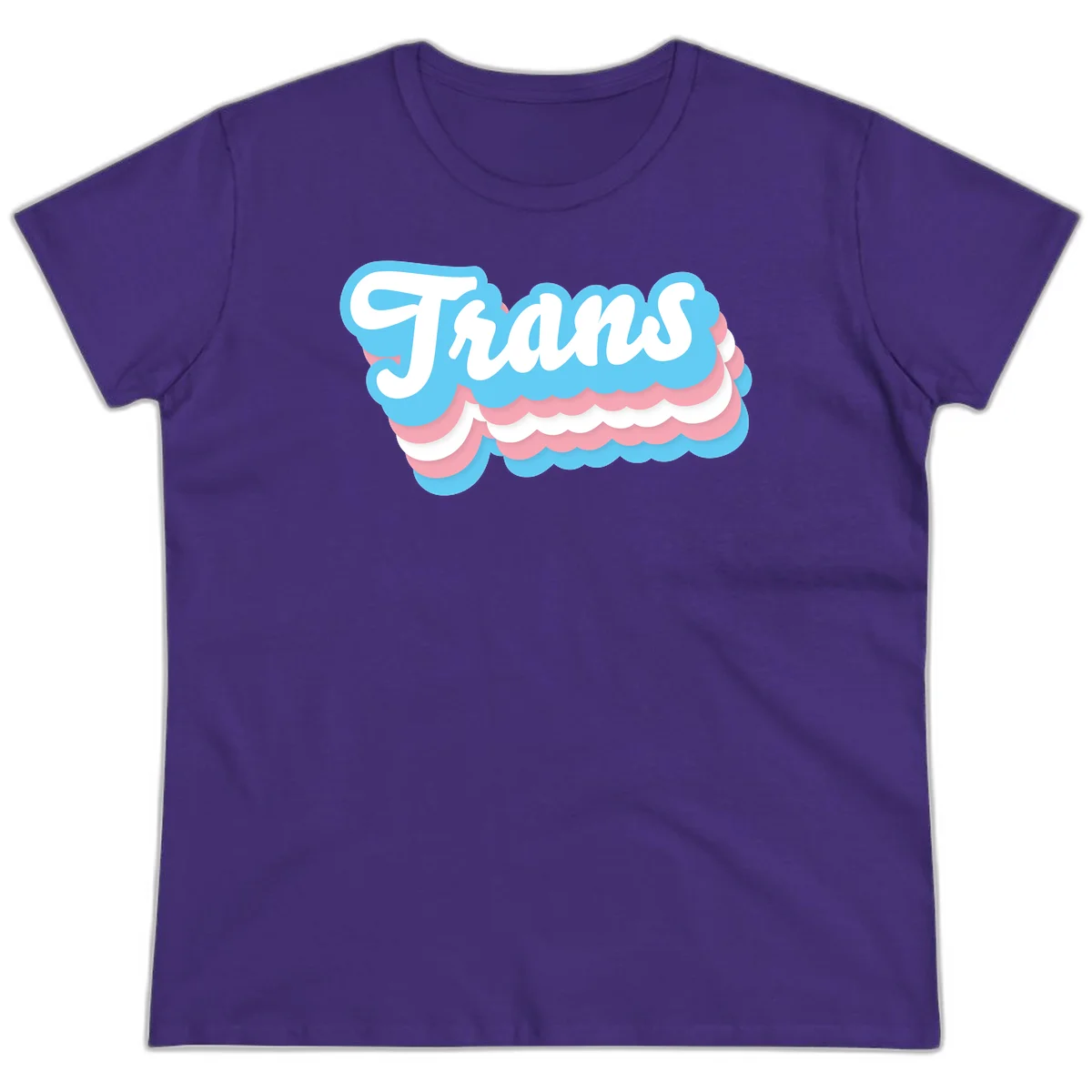 Trans pride cloud layers design with white 'Trans' text on alternating blue, pink, and white scalloped cloud shapes in Purple