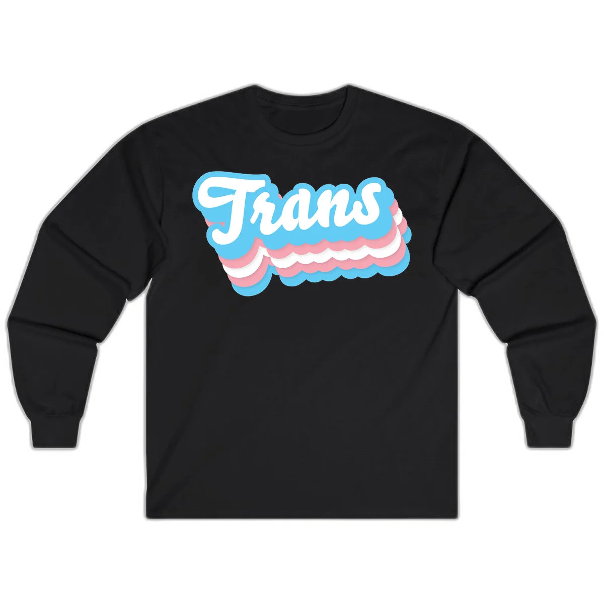 Trans pride cloud layers design with white 'Trans' text on alternating blue, pink, and white scalloped cloud shapes in Black