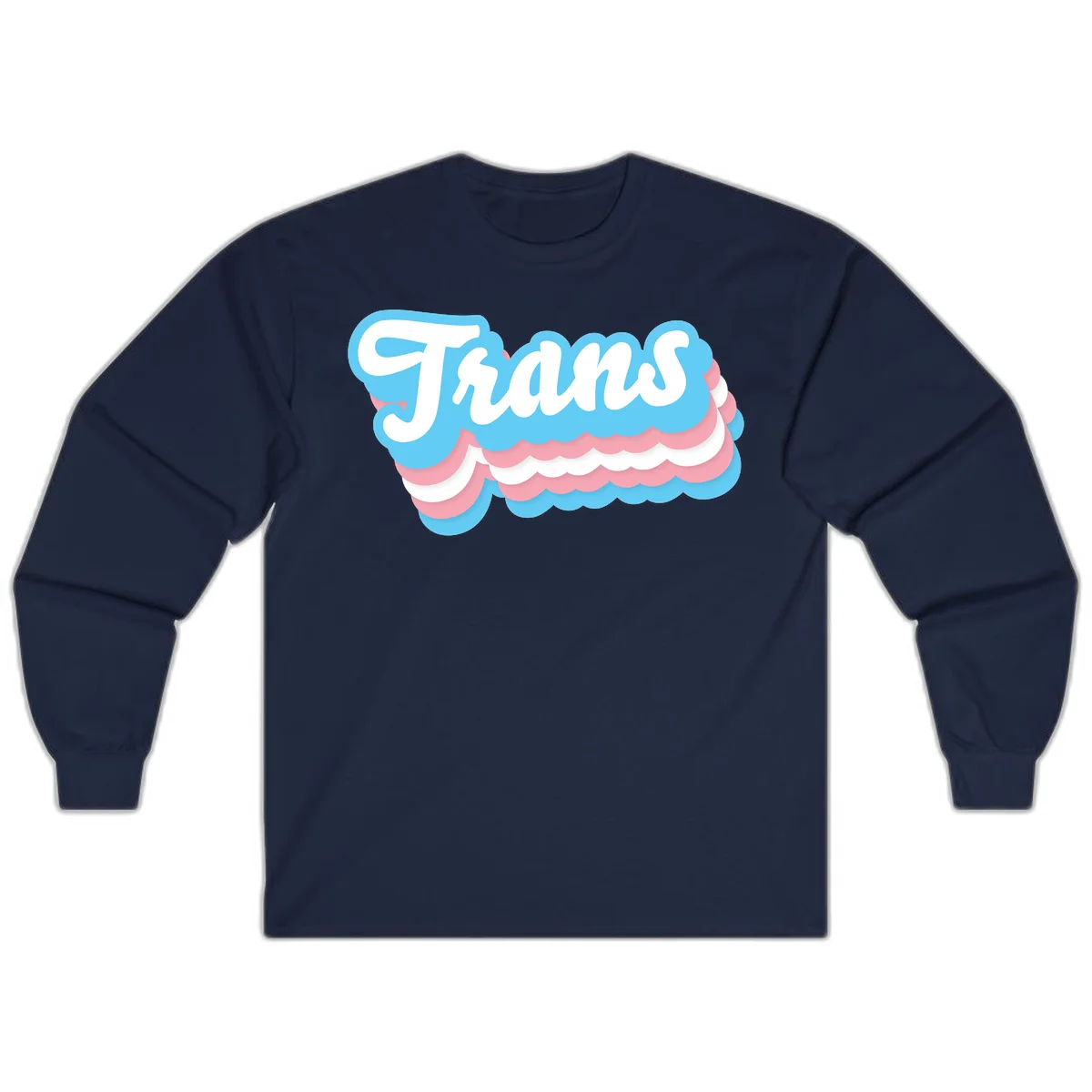 Trans pride cloud layers design with white 'Trans' text on alternating blue, pink, and white scalloped cloud shapes in Navy