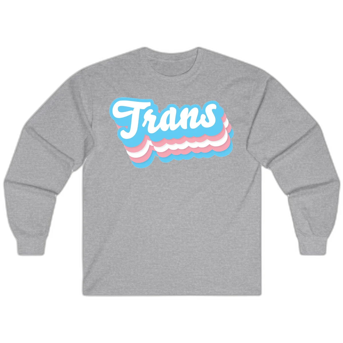 Trans pride cloud layers design with white 'Trans' text on alternating blue, pink, and white scalloped cloud shapes in Sport Grey