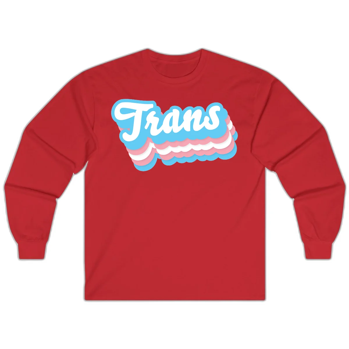 Trans pride cloud layers design with white 'Trans' text on alternating blue, pink, and white scalloped cloud shapes in Red