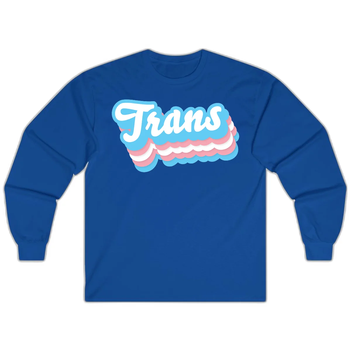 Trans pride cloud layers design with white 'Trans' text on alternating blue, pink, and white scalloped cloud shapes in Royal