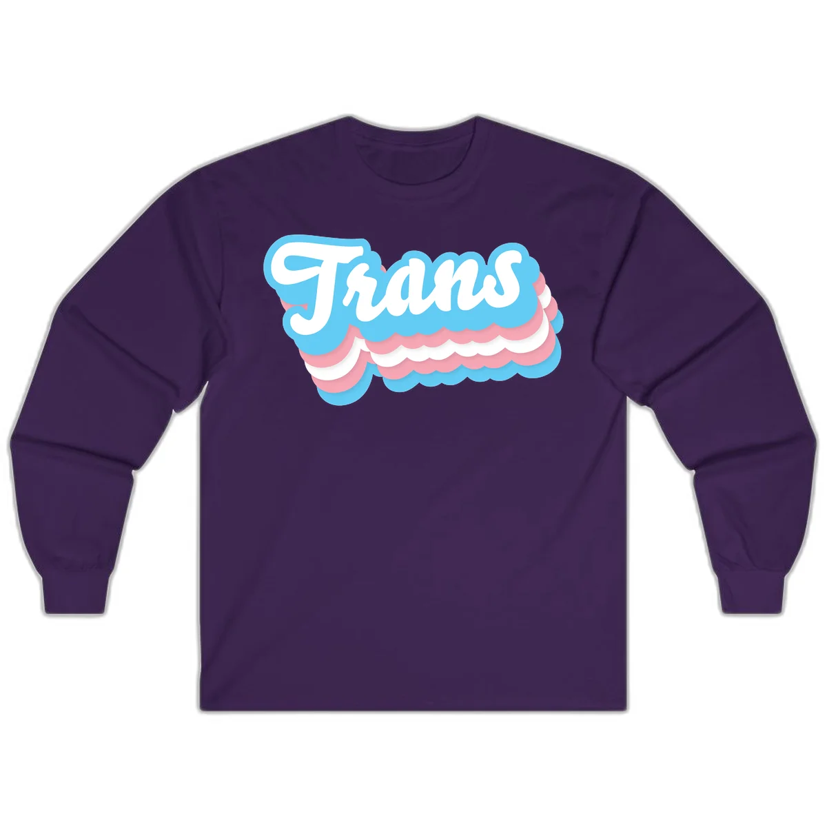 Trans pride cloud layers design with white 'Trans' text on alternating blue, pink, and white scalloped cloud shapes in Purple