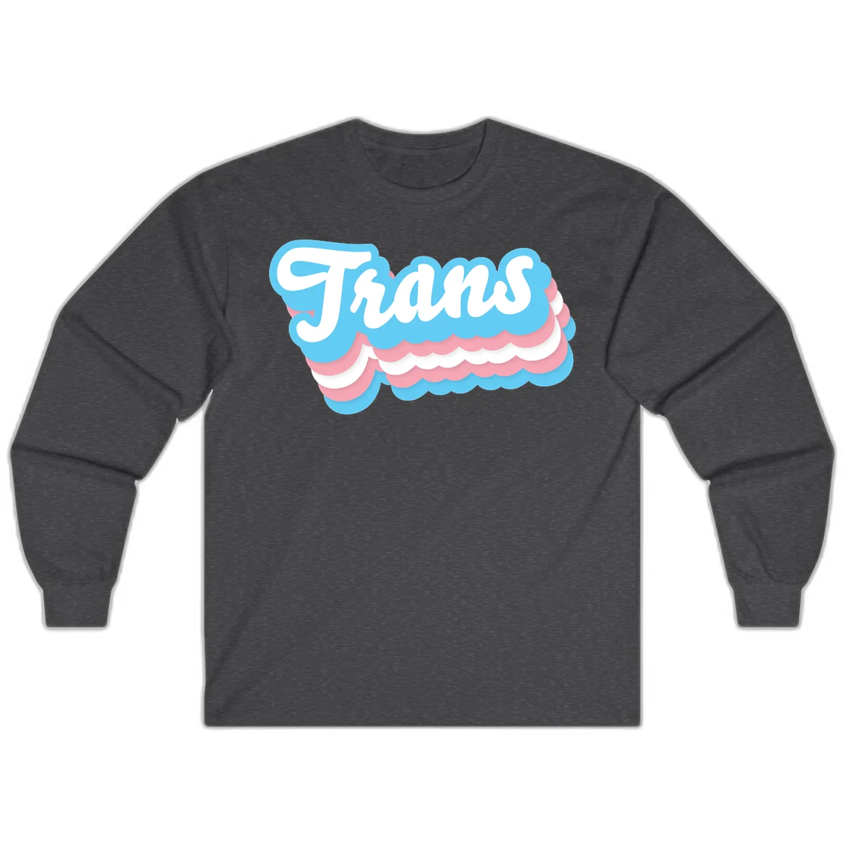 Trans pride cloud layers design with white 'Trans' text on alternating blue, pink, and white scalloped cloud shapes in Dark Heather