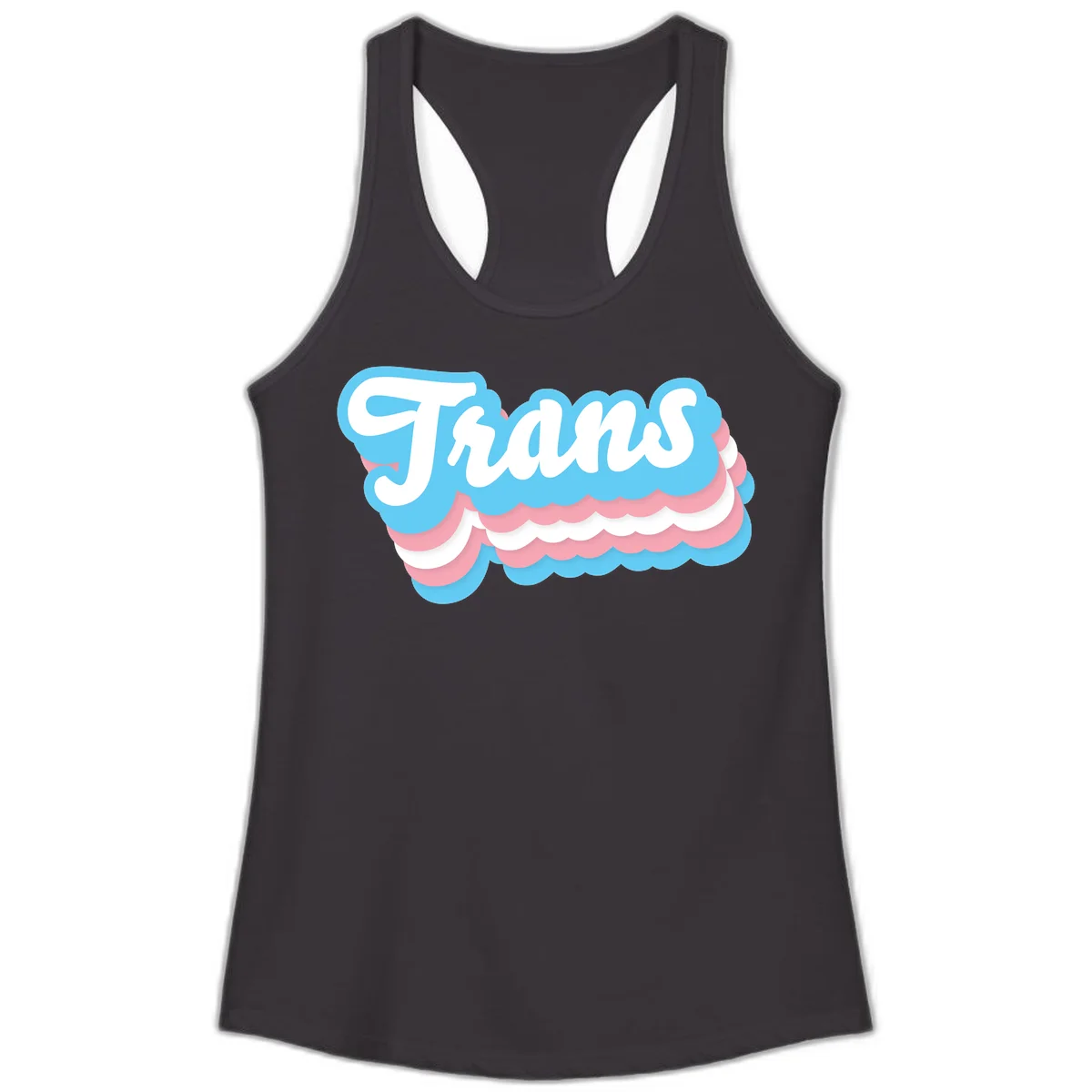 Trans pride cloud layers design with white 'Trans' text on alternating blue, pink, and white scalloped cloud shapes in Black