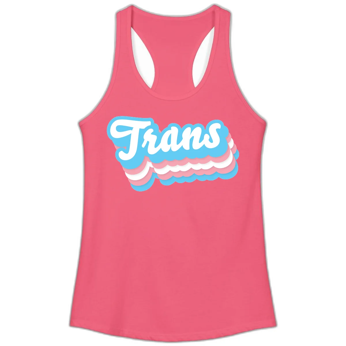 Trans pride cloud layers design with white 'Trans' text on alternating blue, pink, and white scalloped cloud shapes in Hot Pink