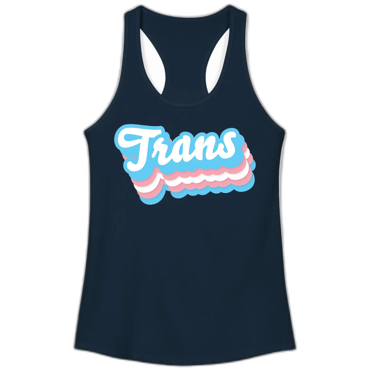Trans pride cloud layers design with white 'Trans' text on alternating blue, pink, and white scalloped cloud shapes in Solid Midnight Navy