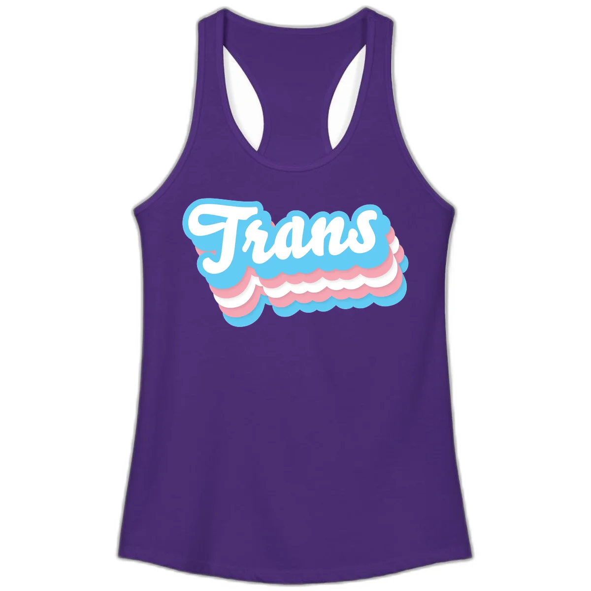 Trans pride cloud layers design with white 'Trans' text on alternating blue, pink, and white scalloped cloud shapes in Solid Purple Rush