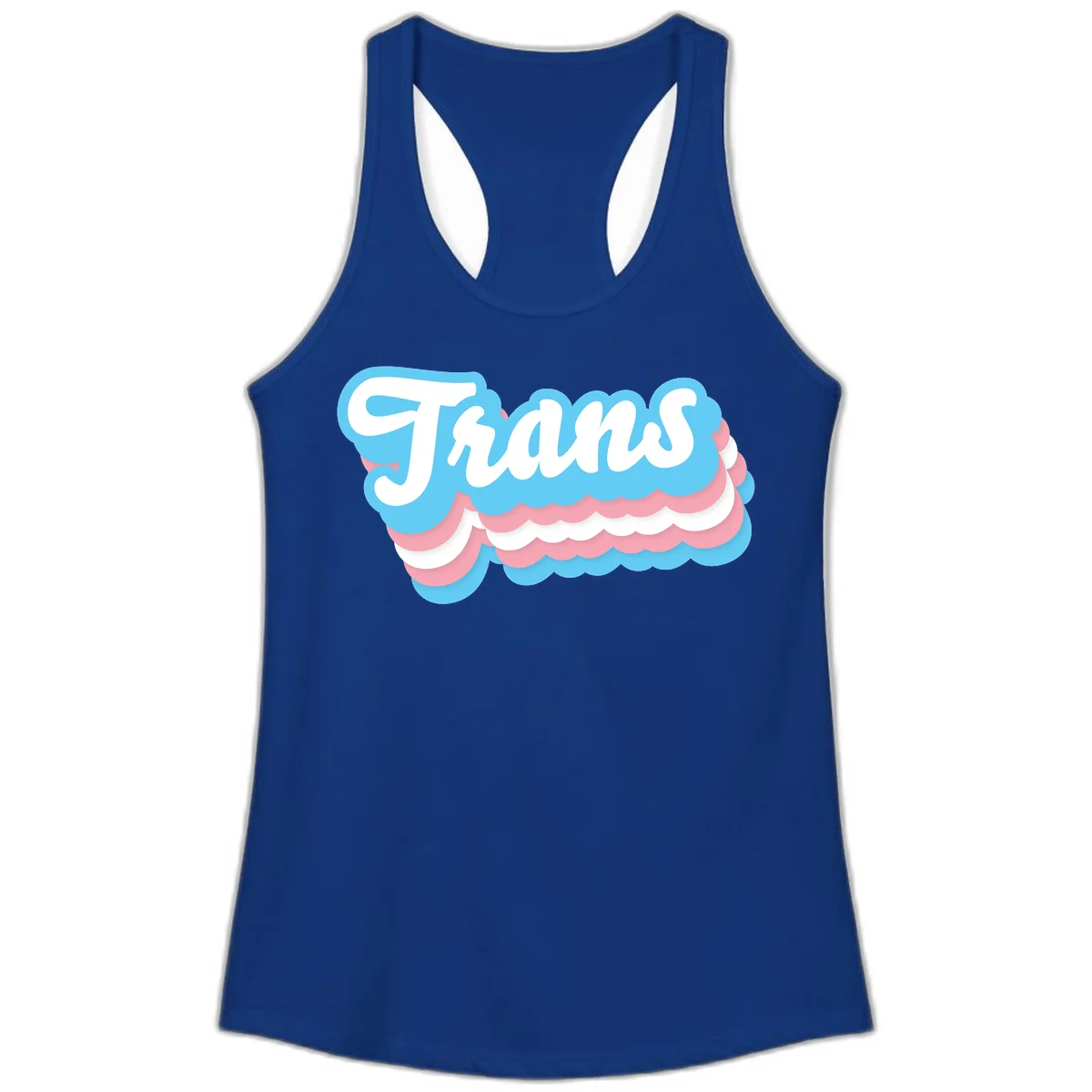Trans pride cloud layers design with white 'Trans' text on alternating blue, pink, and white scalloped cloud shapes in Solid Royal