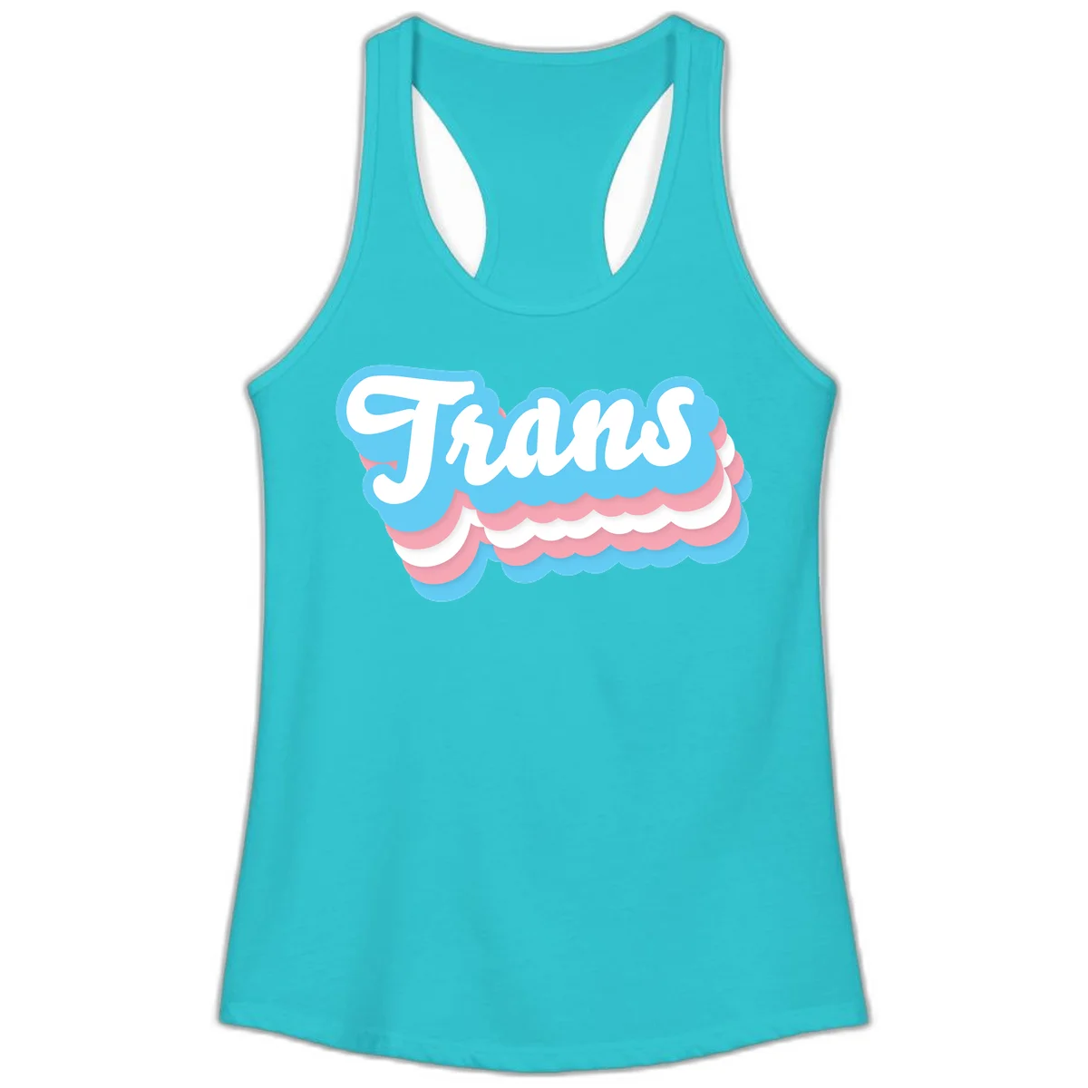 Trans pride cloud layers design with white 'Trans' text on alternating blue, pink, and white scalloped cloud shapes in Solid Tahiti Blue