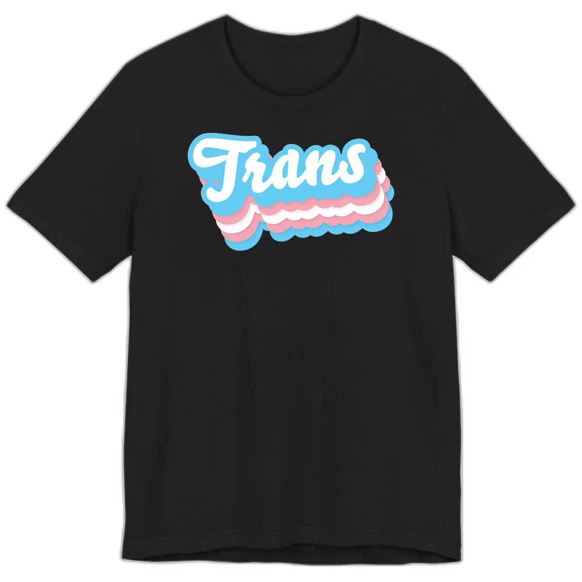 Trans pride cloud layers design with white 'Trans' text on alternating blue, pink, and white scalloped cloud shapes in Black