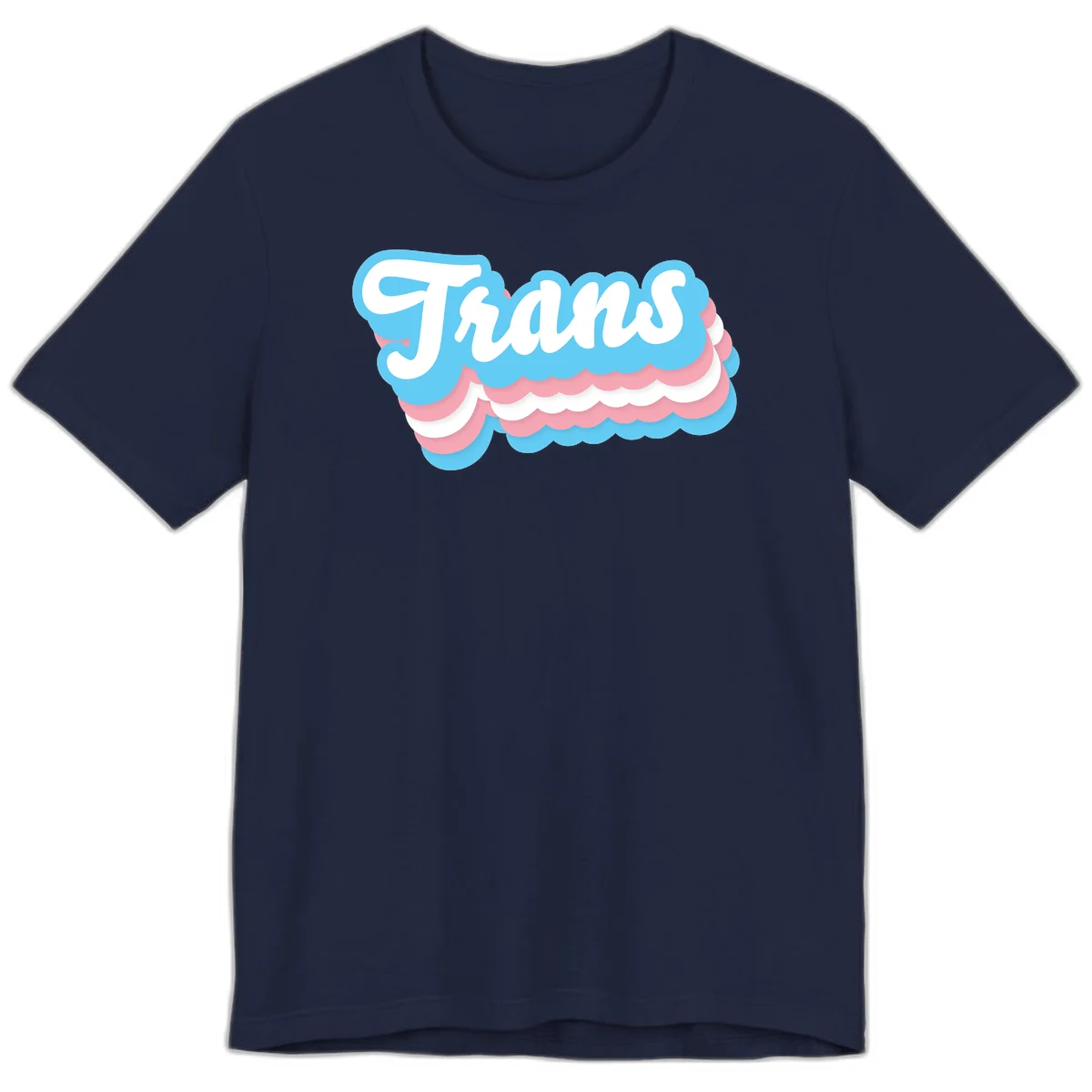 Trans pride cloud layers design with white 'Trans' text on alternating blue, pink, and white scalloped cloud shapes in Navy