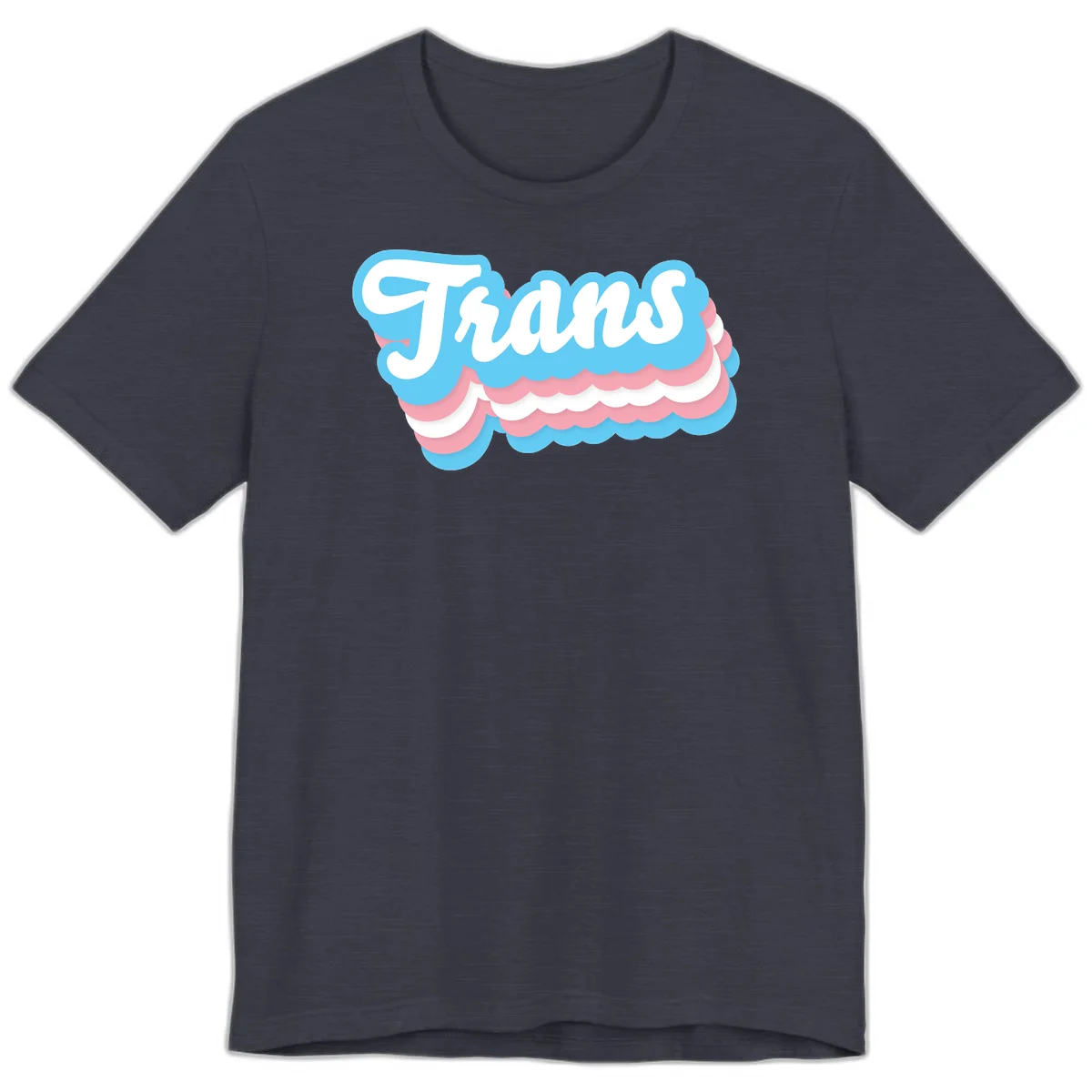 Trans pride cloud layers design with white 'Trans' text on alternating blue, pink, and white scalloped cloud shapes in Heather Midnight Navy