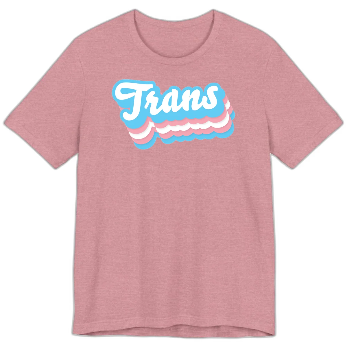 Trans pride cloud layers design with white 'Trans' text on alternating blue, pink, and white scalloped cloud shapes in Heather Orchid