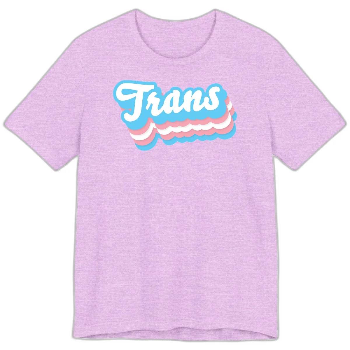 Trans pride cloud layers design with white 'Trans' text on alternating blue, pink, and white scalloped cloud shapes in Heather Prism Lilac