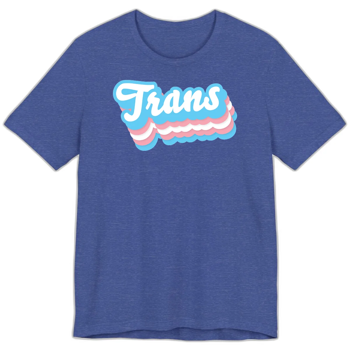Trans pride cloud layers design with white 'Trans' text on alternating blue, pink, and white scalloped cloud shapes in Heather True Royal