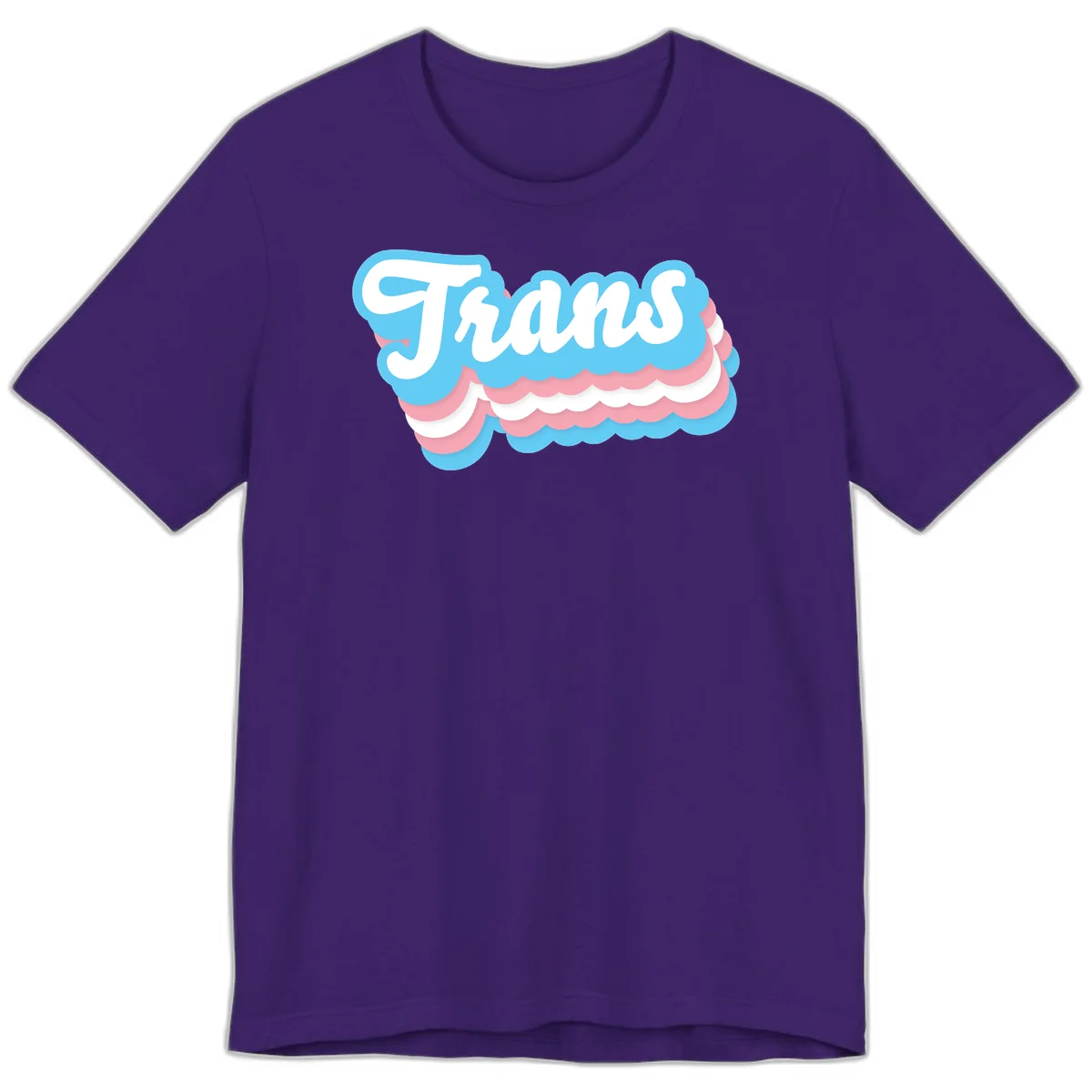 Trans pride cloud layers design with white 'Trans' text on alternating blue, pink, and white scalloped cloud shapes in Team Purple