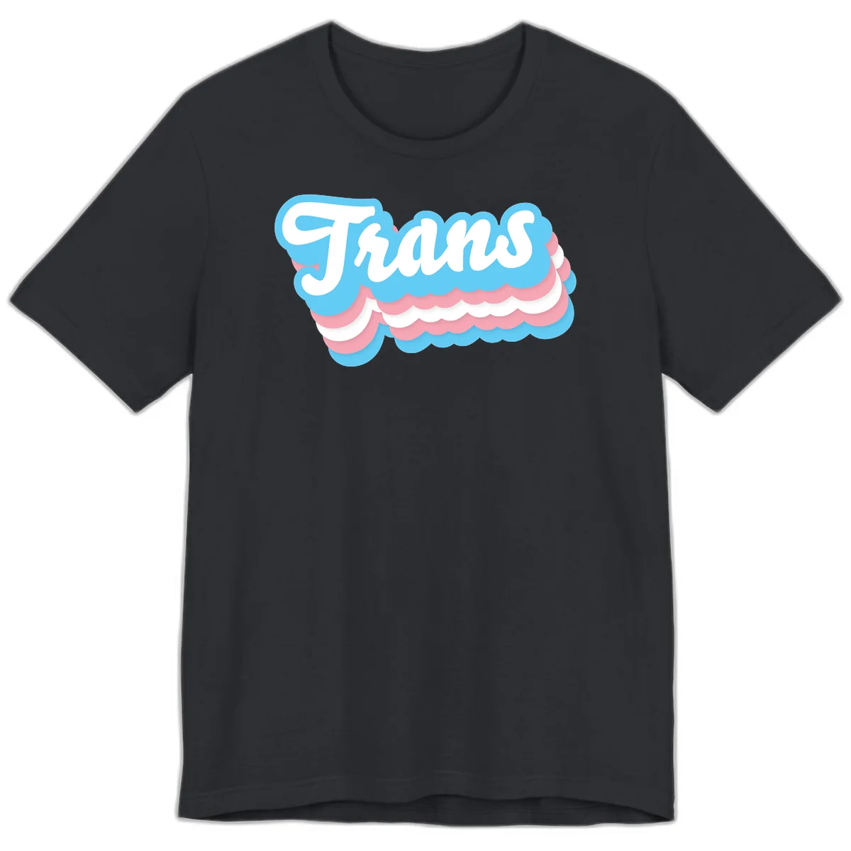 Trans pride cloud layers design with white 'Trans' text on alternating blue, pink, and white scalloped cloud shapes in Vintage Black