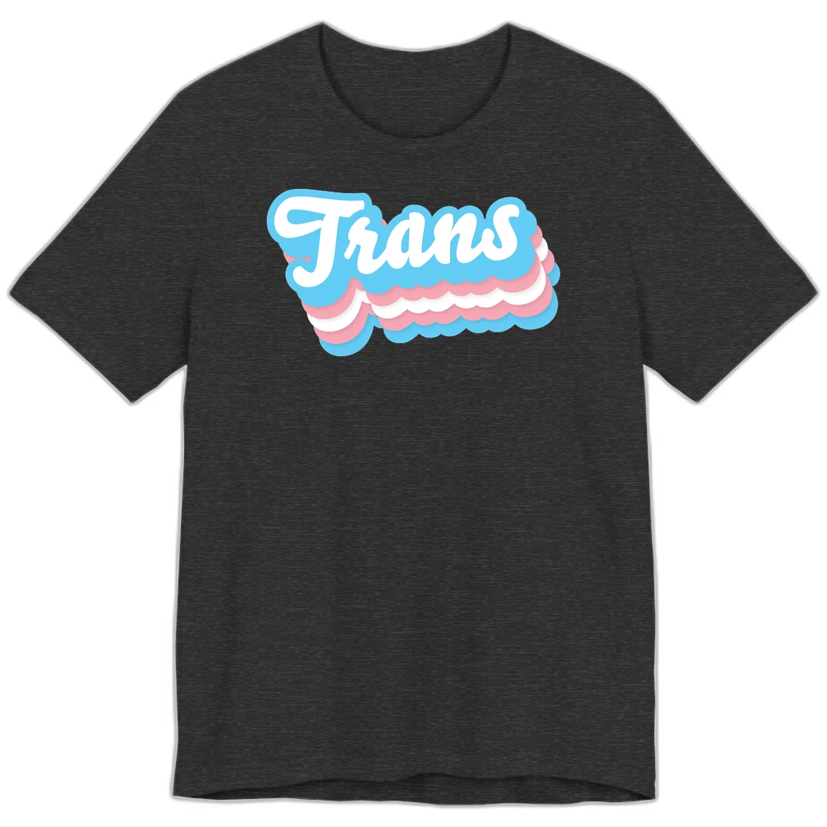 Trans pride cloud layers design with white 'Trans' text on alternating blue, pink, and white scalloped cloud shapes in Dark Grey Heather