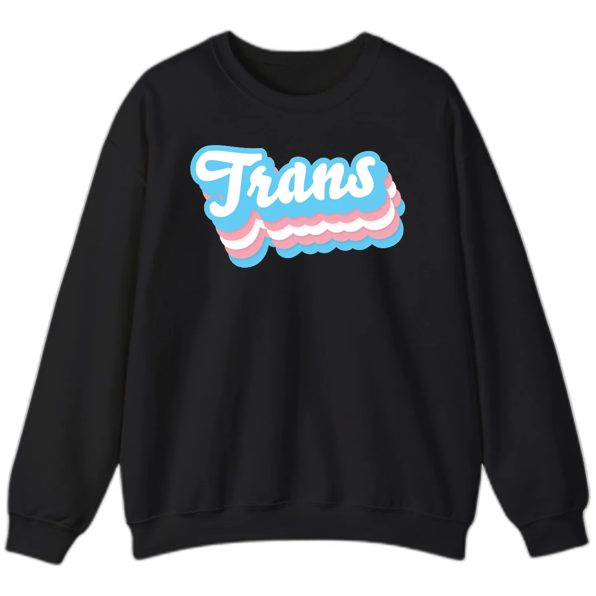 Trans pride cloud layers design with white 'Trans' text on alternating blue, pink, and white scalloped cloud shapes in Black