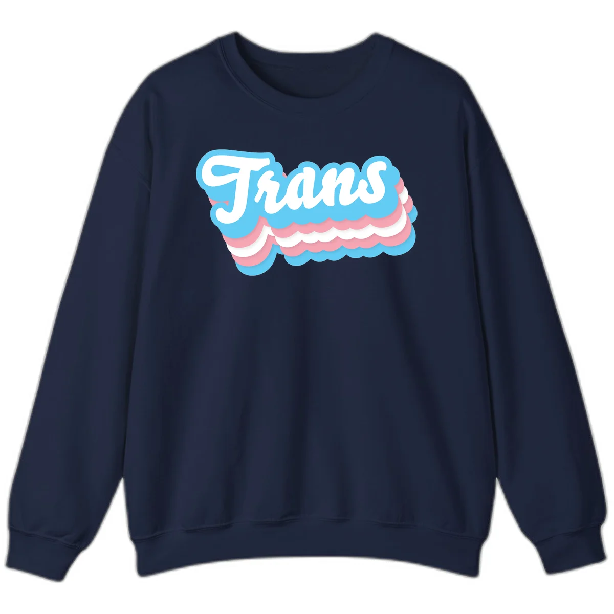 Trans pride cloud layers design with white 'Trans' text on alternating blue, pink, and white scalloped cloud shapes in Navy