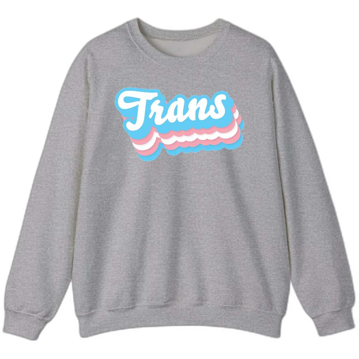 Trans pride cloud layers design with white 'Trans' text on alternating blue, pink, and white scalloped cloud shapes in Sport Grey