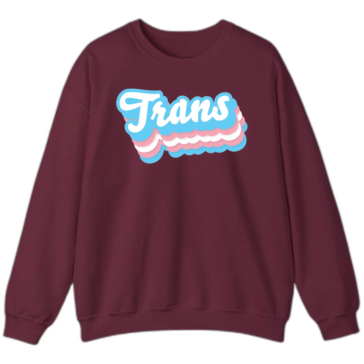 Trans pride cloud layers design with white 'Trans' text on alternating blue, pink, and white scalloped cloud shapes in Maroon