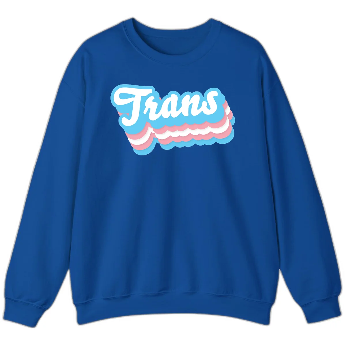 Trans pride cloud layers design with white 'Trans' text on alternating blue, pink, and white scalloped cloud shapes in Royal