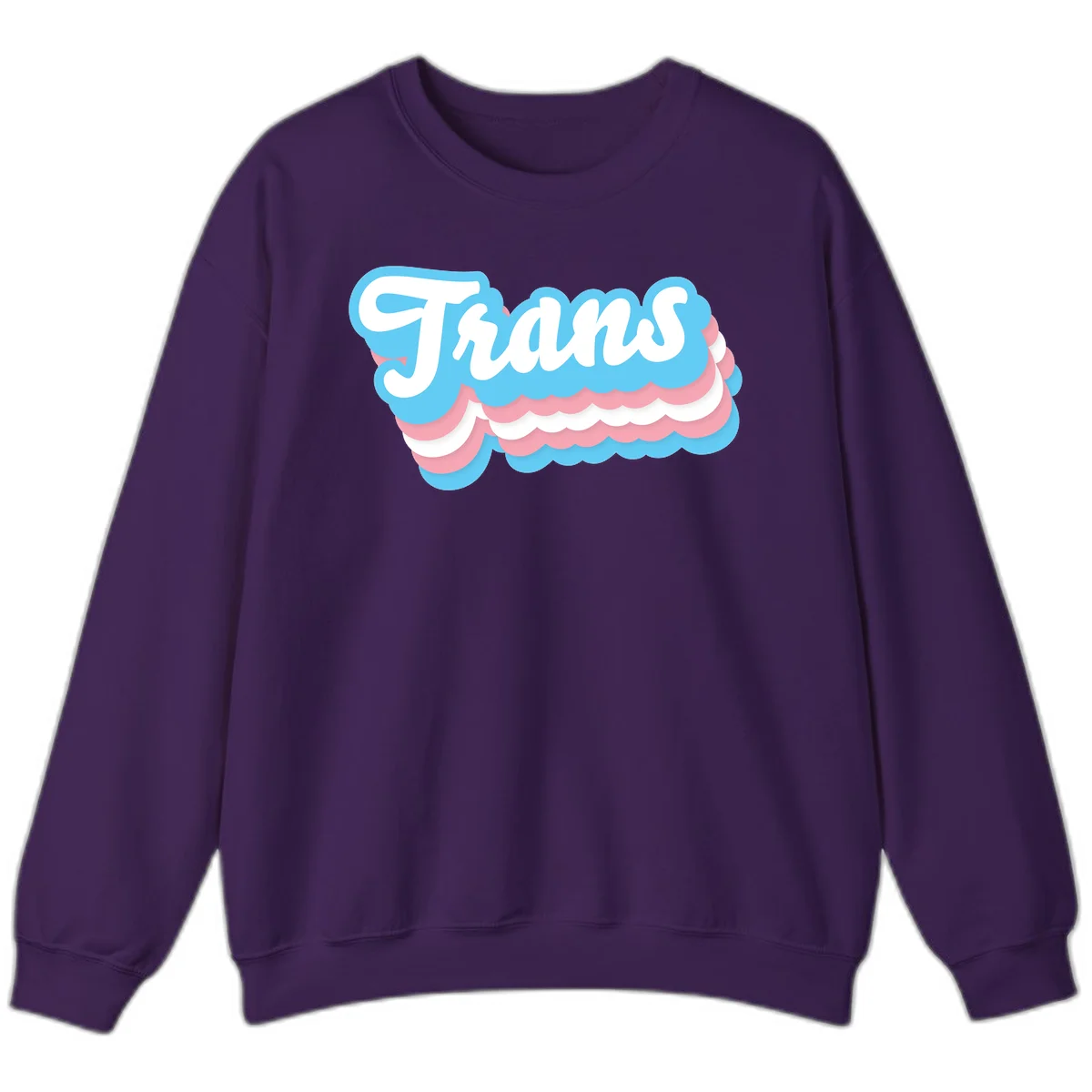 Trans pride cloud layers design with white 'Trans' text on alternating blue, pink, and white scalloped cloud shapes in Purple