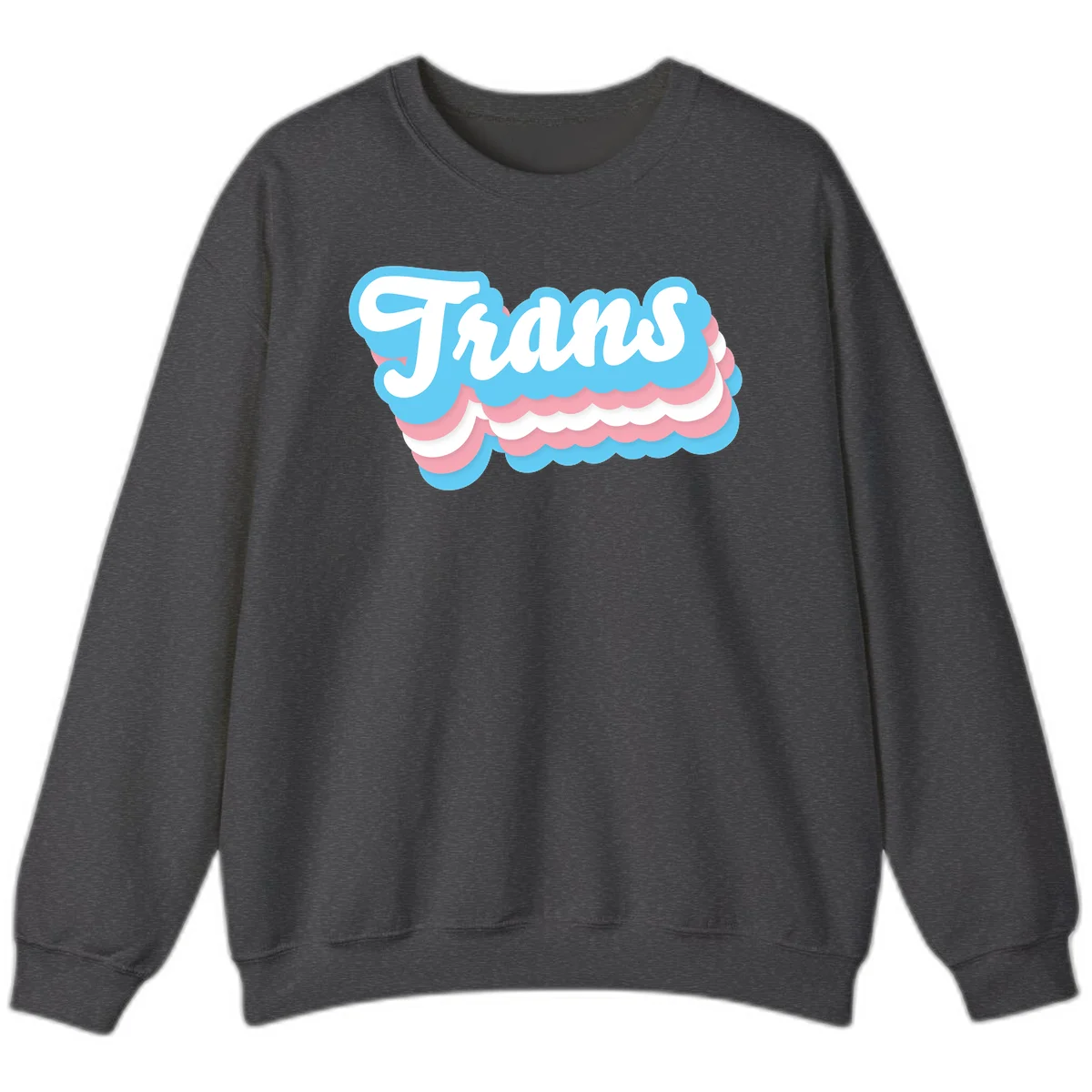 Trans pride cloud layers design with white 'Trans' text on alternating blue, pink, and white scalloped cloud shapes in Dark Heather