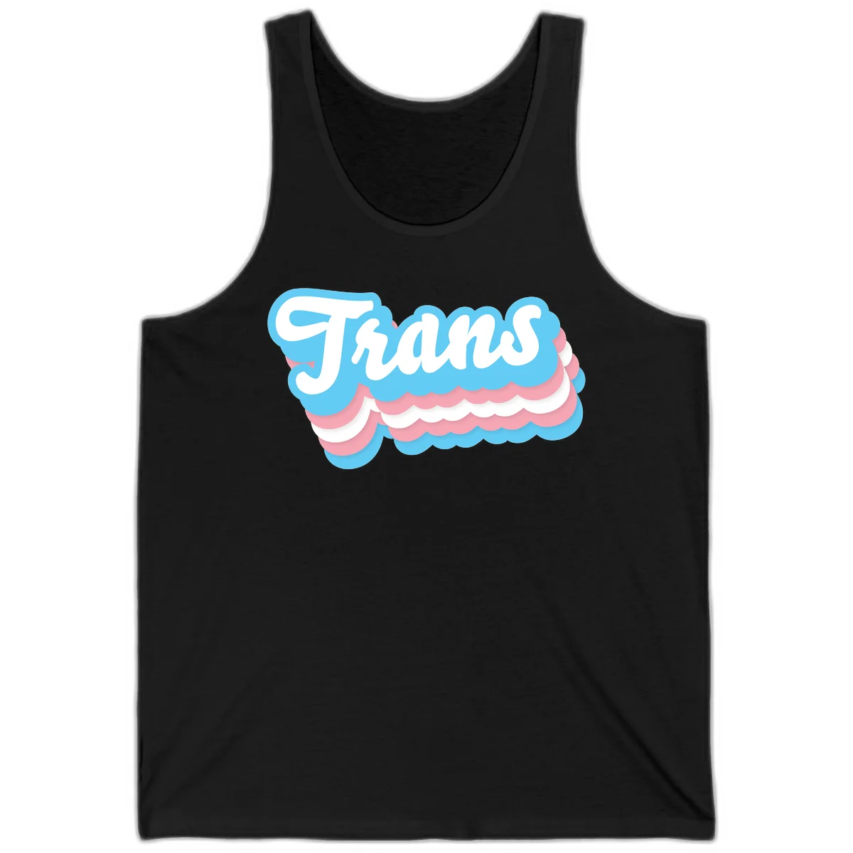 Trans pride cloud layers design with white 'Trans' text on alternating blue, pink, and white scalloped cloud shapes in Black