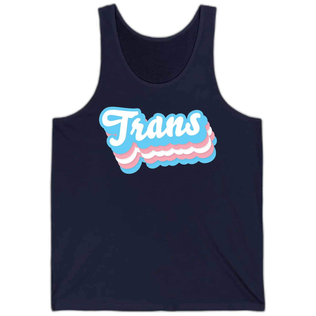 Trans pride cloud layers design with white 'Trans' text on alternating blue, pink, and white scalloped cloud shapes in Navy