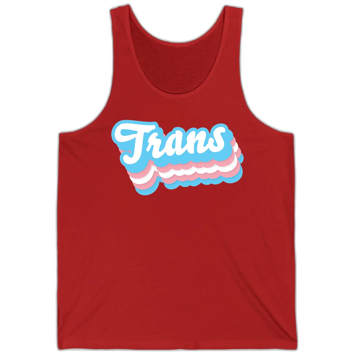 Trans pride cloud layers design with white 'Trans' text on alternating blue, pink, and white scalloped cloud shapes in Red